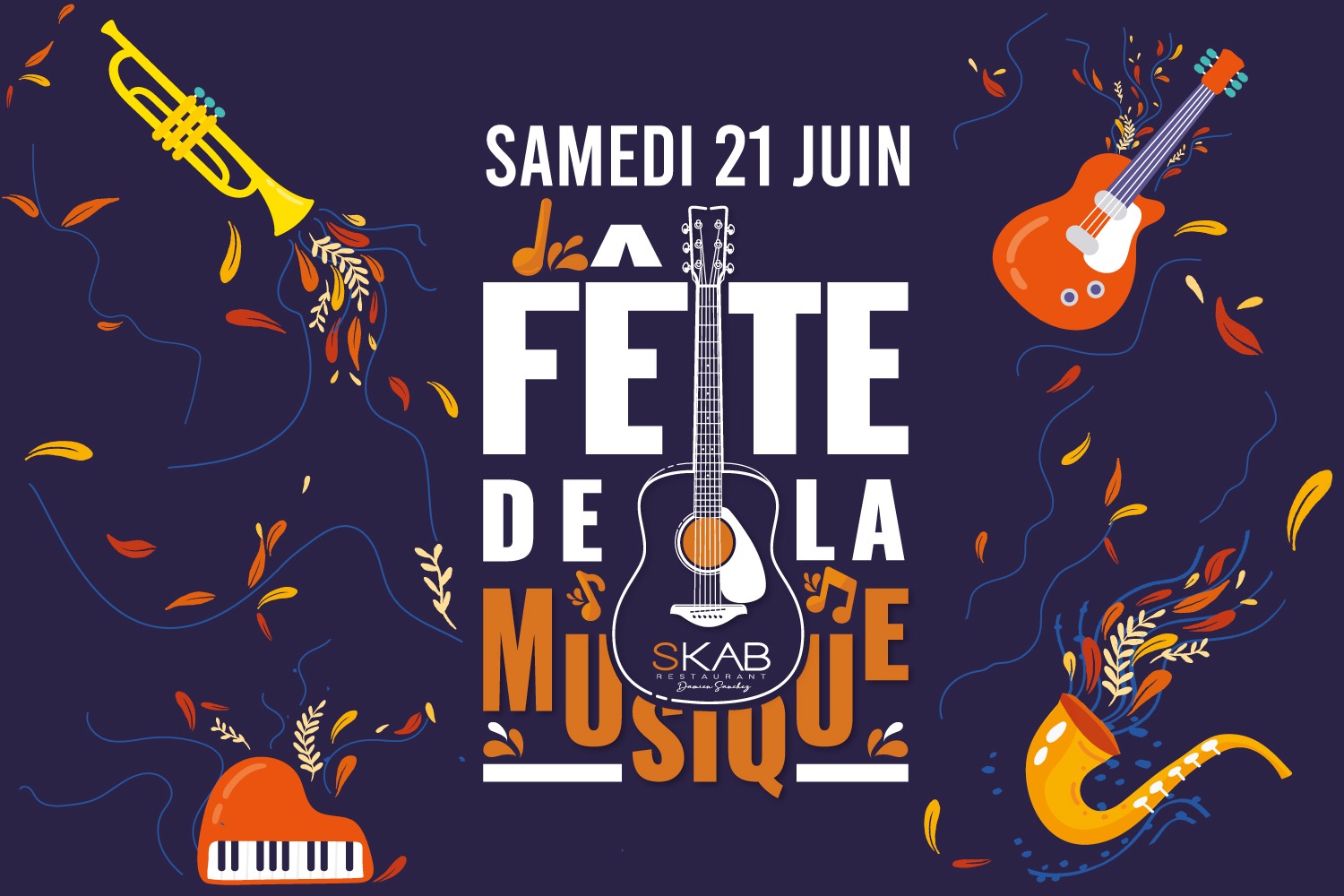 rejoignez-nous pour la fête de la musique au skab ! une soirée inoubliable remplie de concerts, de rythmes entraînants et d'une ambiance festive. venez célébrer la musique avec nous et découvrir des artistes talentueux dans un cadre vibrant.