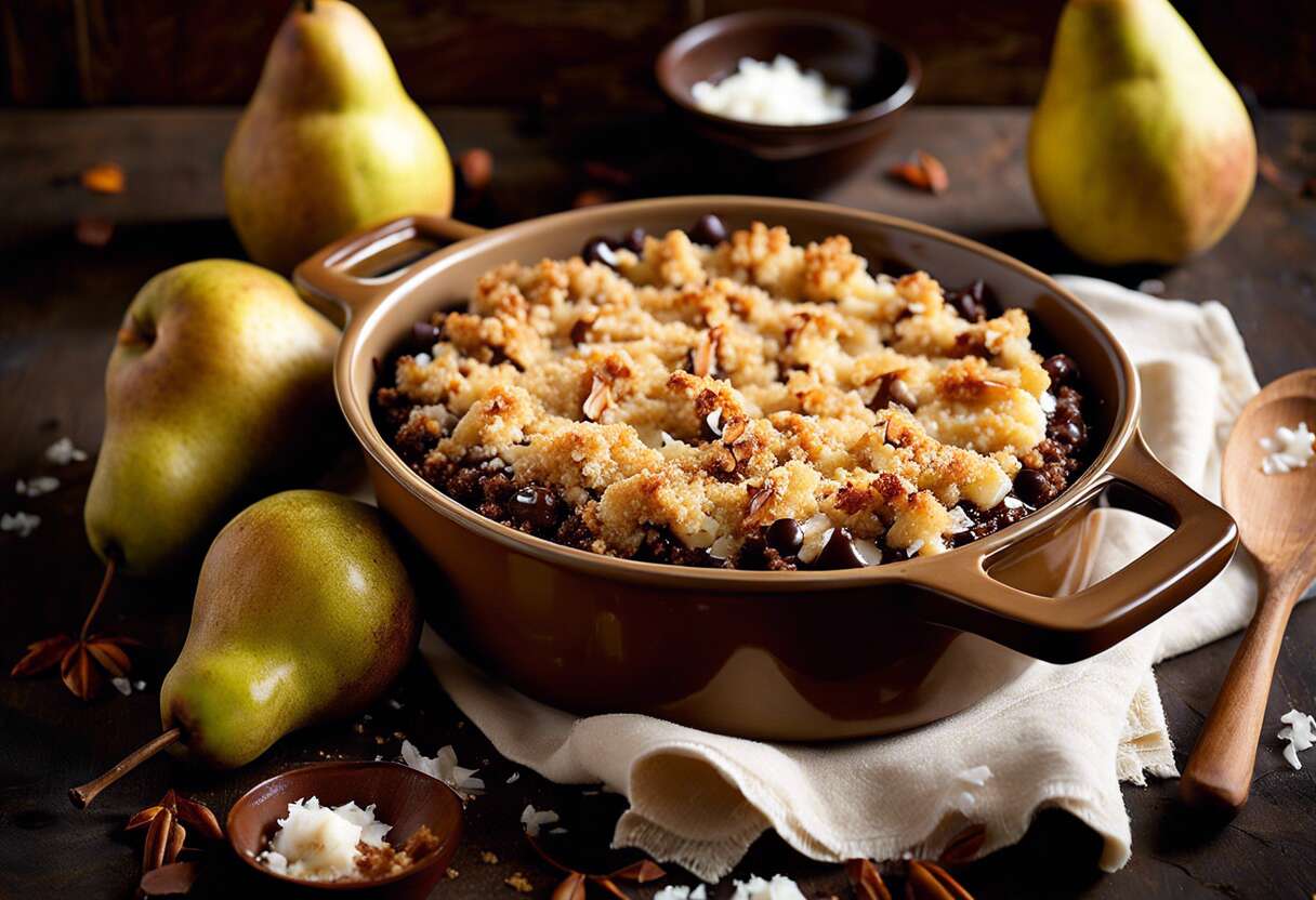 découvrez notre recette gourmande de crumble poires chocolat noix, un dessert irrésistible qui allie fondant et croquant pour le plaisir des papilles. facile à réaliser, idéal pour régaler vos invités !